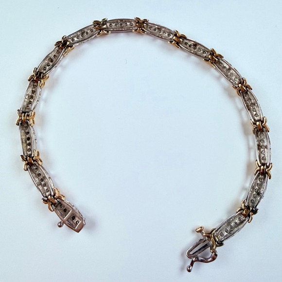 Estate 10K Solid Two Tone Gold 1.4 CT Natural Diamond X Bypass Tennis Bracelet - Picture 7 of 12